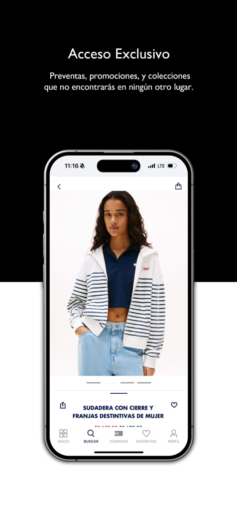 Tommy Hilfiger - Ropa en Línea - Tommy Hilfiger mobile app interface displaying a woman wearing a striped zip-up hoodie with exclusive access messaging