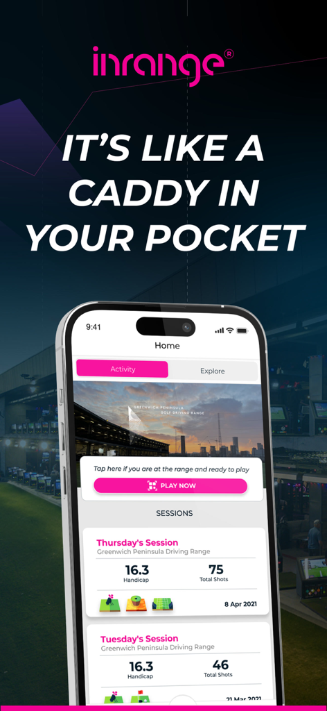 Application Inrange golf affichant les sessions d'entraînement et les métriques de handicap