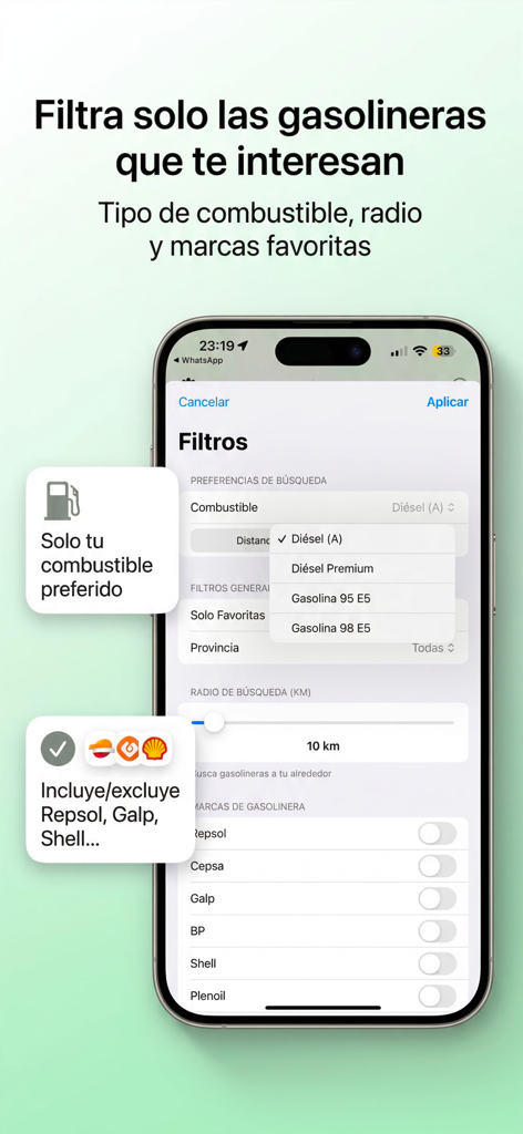 Gasolina Barata – Precio Hoy - Schermata di configurazione dei filtri per tipo di carburante e marchi in Gasolina Barata