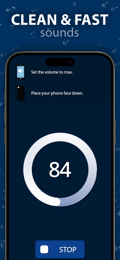 Clean Wave - Clear Speaker - Clean Wave app interface showing instructions to clean phone speakers including setting volume to max and placing the device face down.