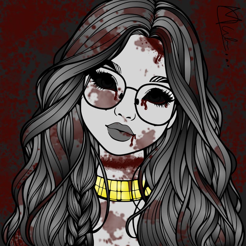 girl with long hair and freckles and glasses realistic
