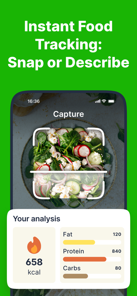 Interfaz de la aplicación Goodbite AI que escanea una ensalada para proporcionar análisis nutricional instantáneo de calorías y macros