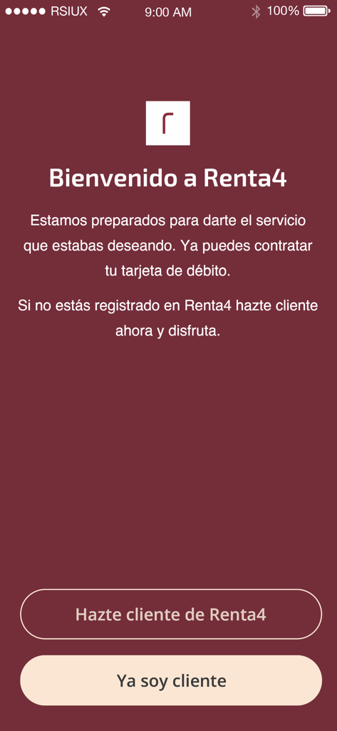 Renta 4 Pay - Pantalla de bienvenida de la aplicación Renta 4 Pay con opciones de inicio de sesión y registro sobre un fondo granate