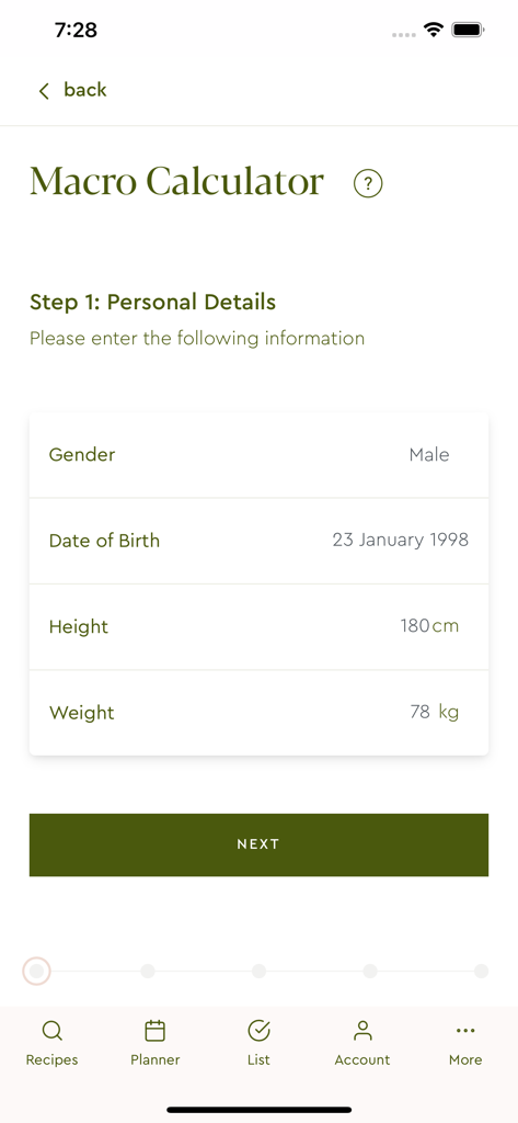 Welle Club - Macro Calculator personal details screen in the Welle Club wellness app