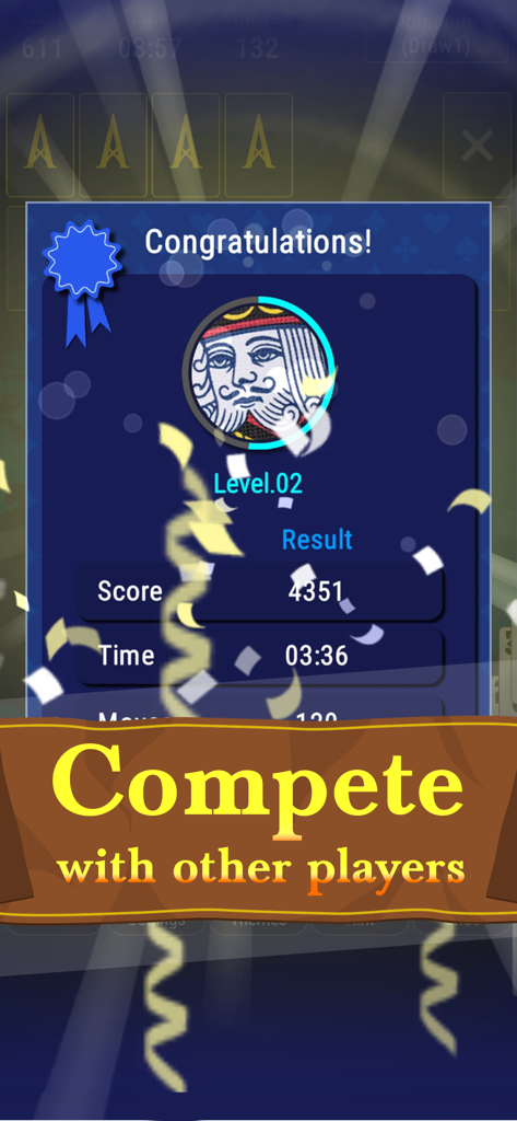 Congratulations screen in Classic Solitaire showing game score, time, and moves with a king avatar.