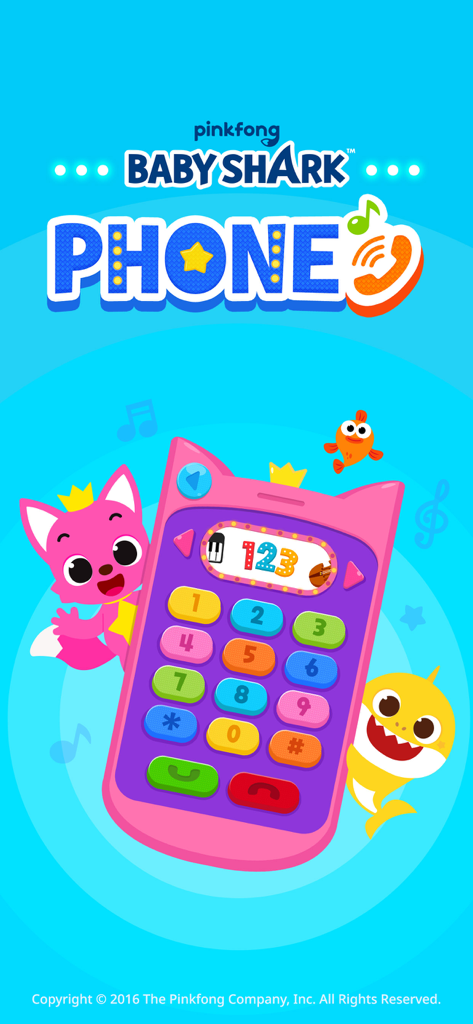 Pinkfong Baby Shark Phone - Pinkfong Baby Shark Phone app interface with a colorful toy phone keypad and cartoon characters