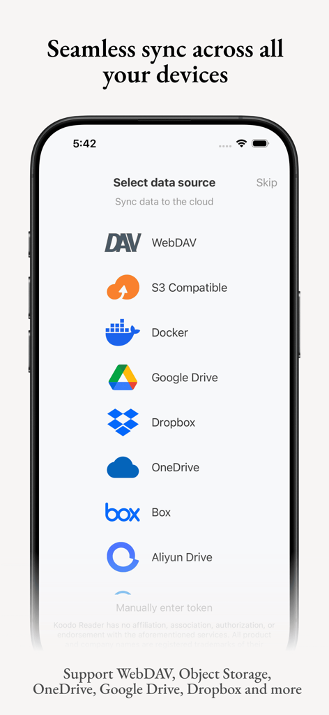 Koodo Reader app interface showing cloud sync options including WebDAV S3 Docker Google Drive and Dropbox