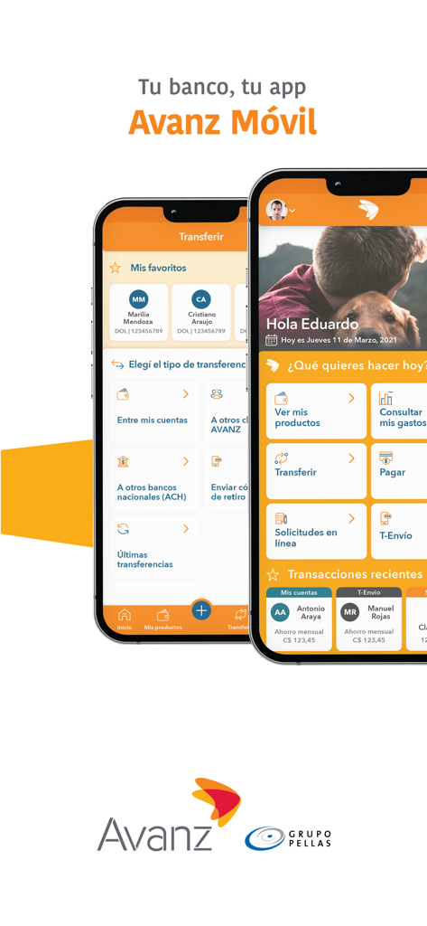 Interfaz de la aplicación de banca móvil Avanz Móvil que muestra opciones de transferencia y el panel de usuario en iPhone.