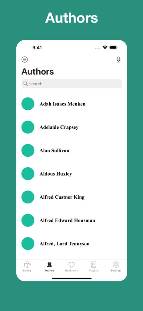 Poetry Audiobooks - The authors screen of the Poetry Audiobooks app displaying a searchable list of classic poets.