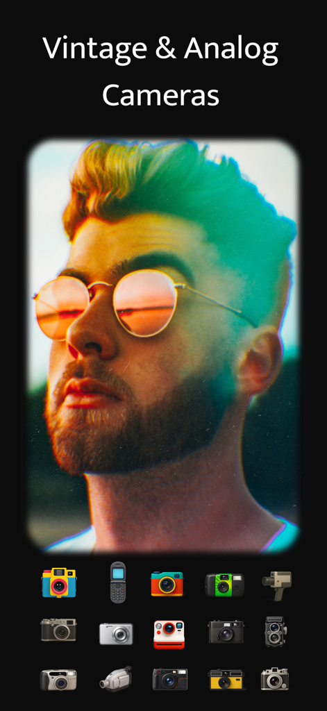 Vintage Camera: Analog Film - Vintage camera app interface displaying analog film filters and a variety of retro camera icons