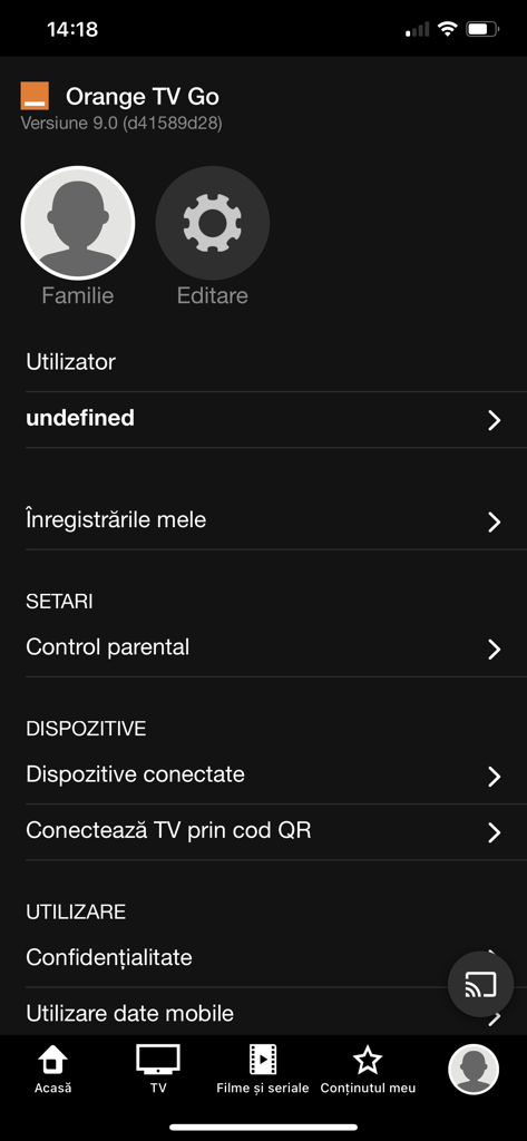 Orange TV Go - Tela de configurações de perfil de usuário do aplicativo Orange TV Go mostrando opções de perfil, gravações e controle dos pais em romeno