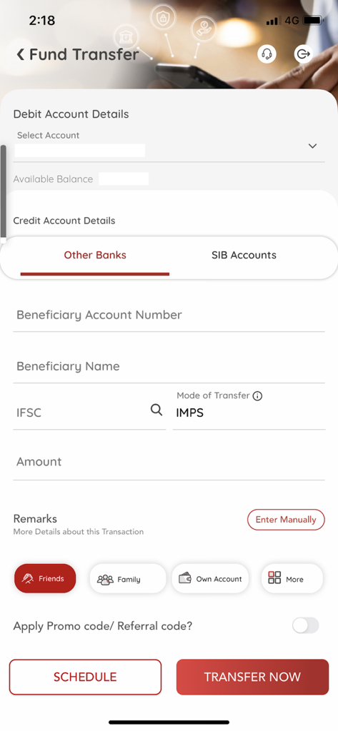 Fund transfer interface in the SIB Mirror+ app showing options for IMPS transfers to other banks or SIB accounts.