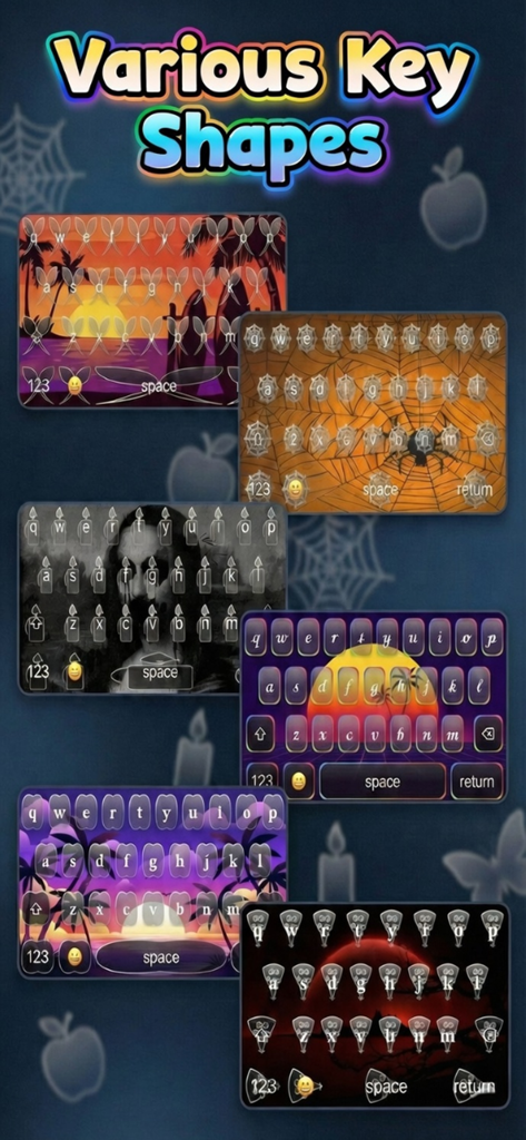 DIY Keyboard: Fonts & Themes - Una colección de diseños de teclado móvil personalizados con formas de tecla únicas y fondos estéticos como atardeceres y telarañas.