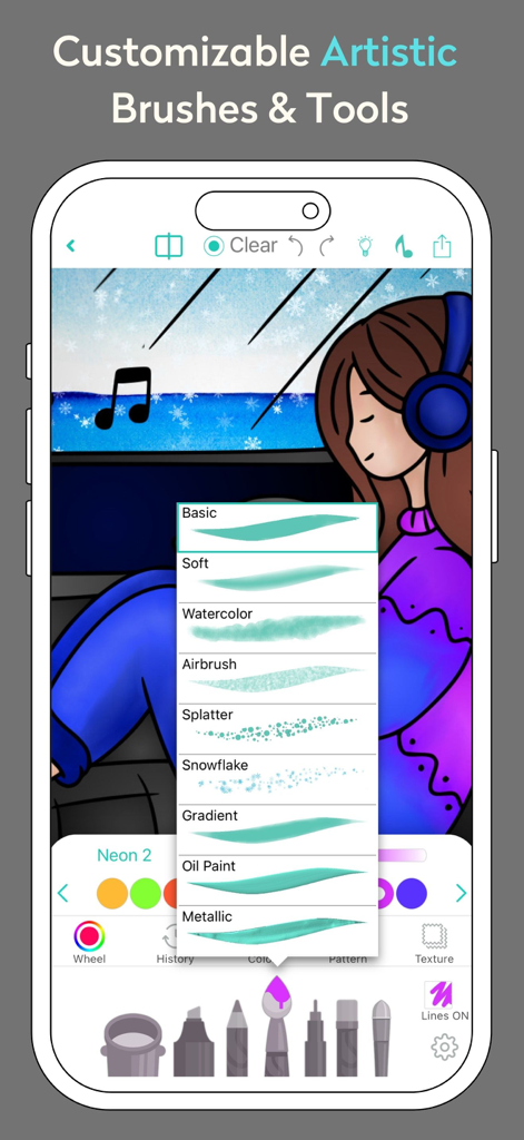Adult Coloring Book: Chroma - Tela de smartphone mostrando o aplicativo de colorir para adultos Chroma com um menu de pincéis artísticos personalizáveis e ferramentas de desenho