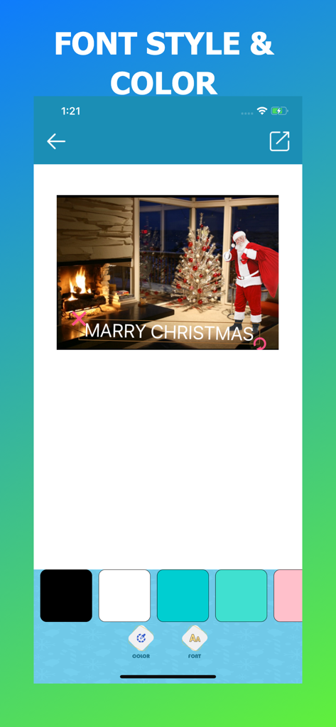 User interface showing font and color options for adding text to a Christmas photo with Santa.