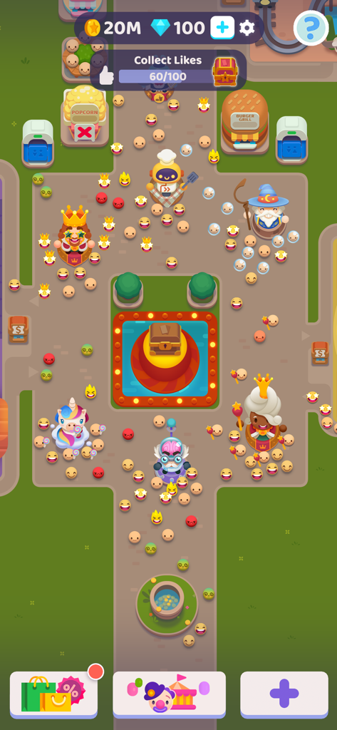 テーマパークに感情アイコンを持つカラフルなマスコットと訪問者の群衆を示すOvercrowded Tycoonのトップダウンゲームプレイビュー。