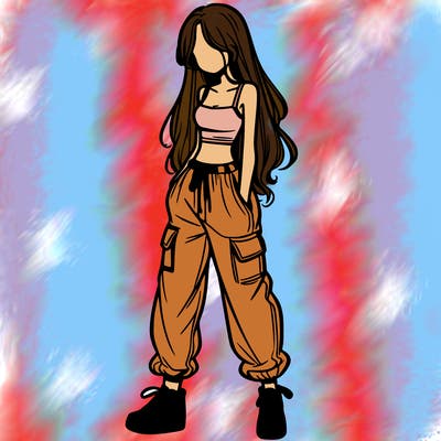 girl in baggy pants crop top and long hair