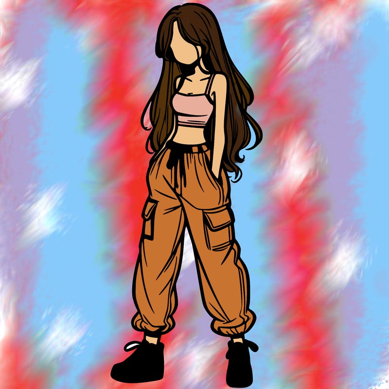 girl in baggy pants crop top and long hair