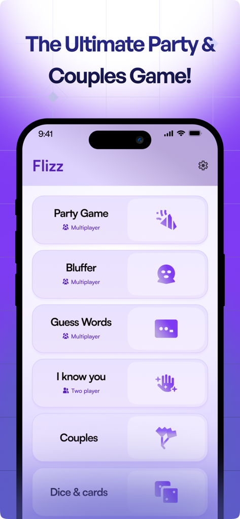 Menú principal de la app Flizz que muestra varias opciones de juegos de fiesta y para parejas como Juego de Fiesta y Bluffer