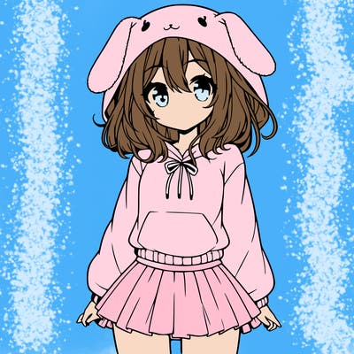 pretty anime girl wearing a fluffy hoodie with bunny ears on the hood and a skirt