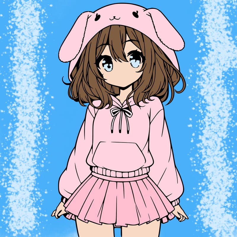 pretty anime girl wearing a fluffy hoodie with bunny ears on the hood and a skirt