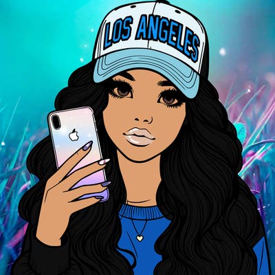 realistic beautiful girl wearing los ángeles cap holding an iphone