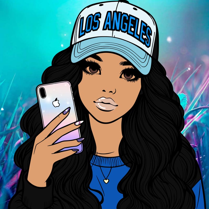 realistic beautiful girl wearing los ángeles cap holding an iphone