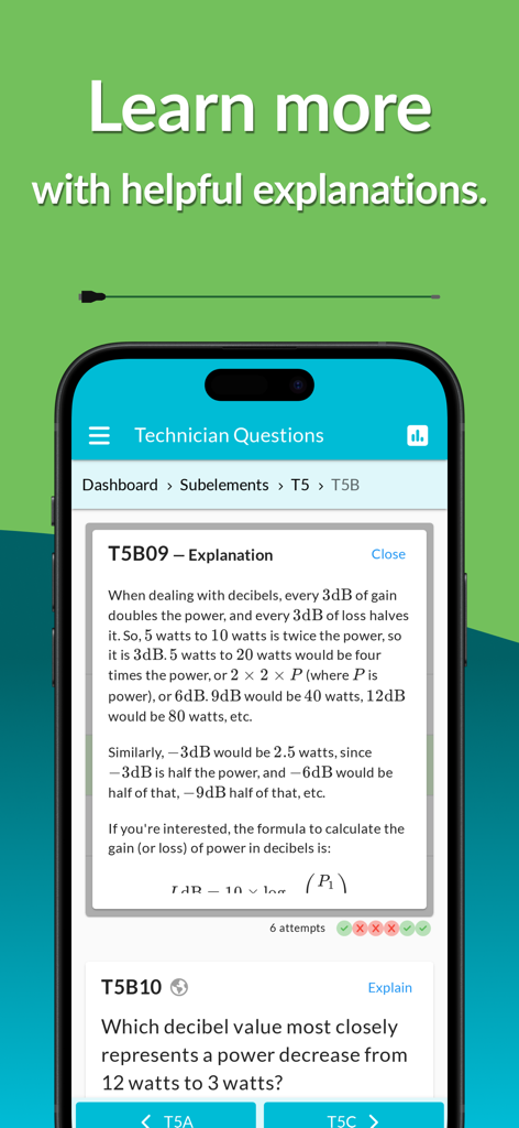 HamStudy app interface showing a detailed technical explanation for an amateur radio technician license question about decibels and power