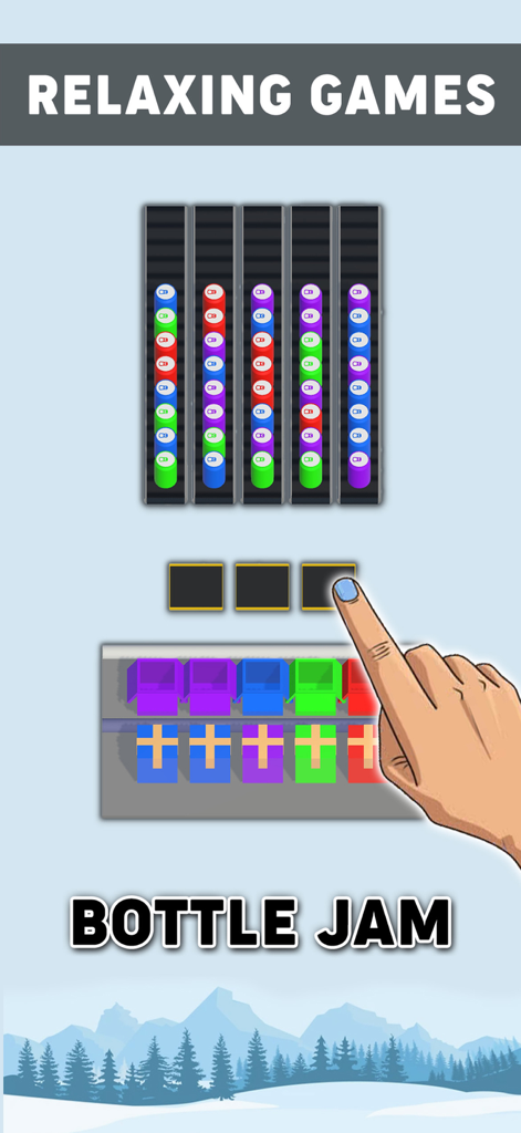 Gameplay of Bottle Jam showing color sorting of cans in a relaxing puzzle game.