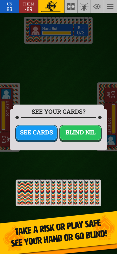 Una interfaz del juego de cartas Spades que muestra una ventana emergente con opciones para ver cartas o pujar blind nil