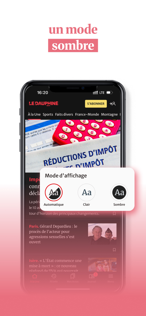 Le Dauphiné Libéré, actualités - Interface of Le Dauphine Libere app showing dark mode settings