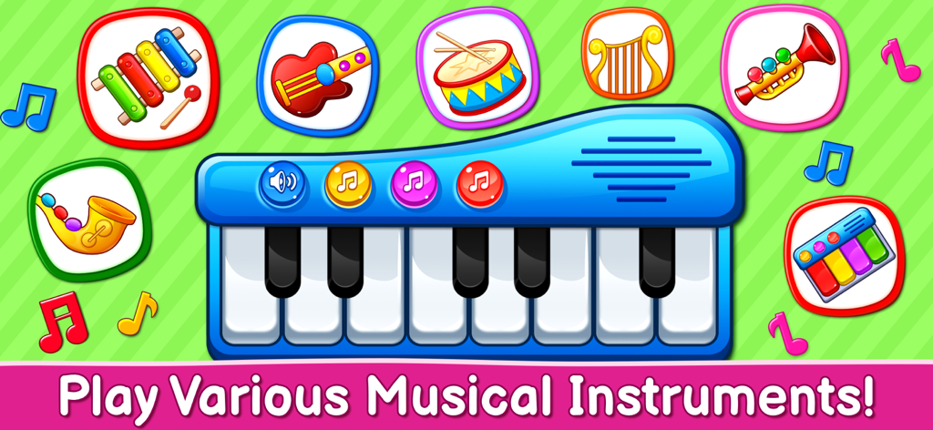 A colorful virtual toy piano and various musical instrument icons for toddlers.