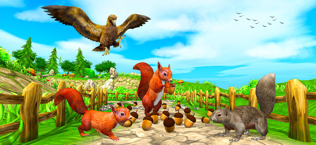 Squirrel Life Simulator Game - Three squirrels collecting acorns in a sunny 3D forest while an eagle flies above