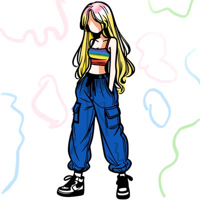 girl in baggy pants crop top and long hair
