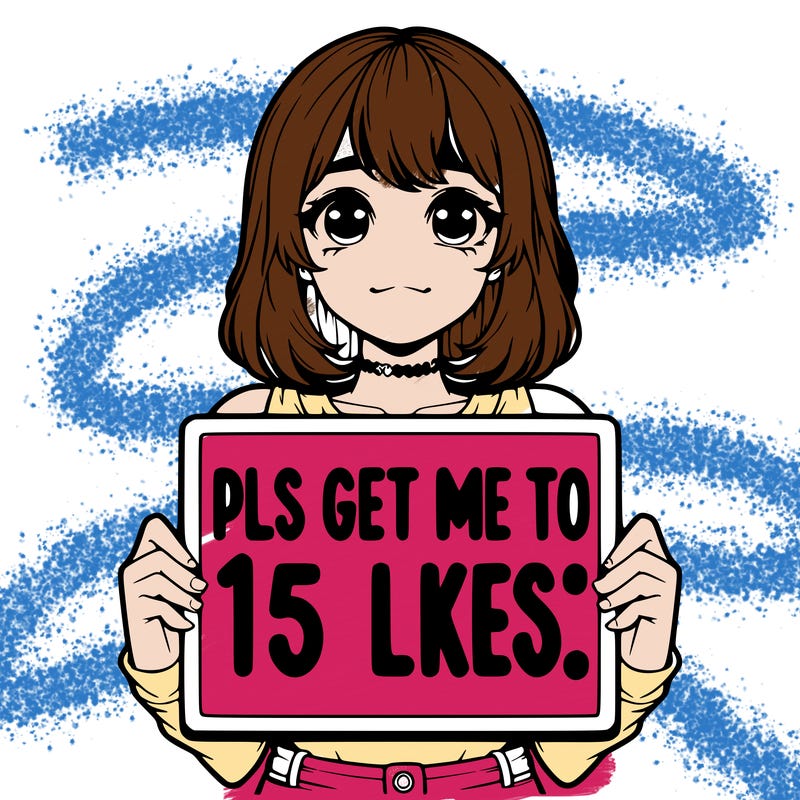 realistic girl holding up a sign that says “pls get me to 15 likes!”