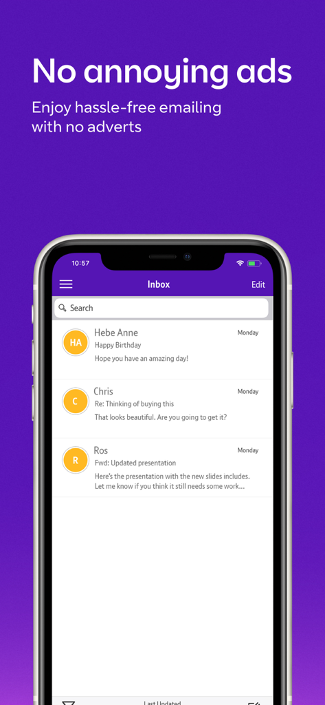 BT Email - BT Email app inbox on iPhone showing no ads and a clean user interface