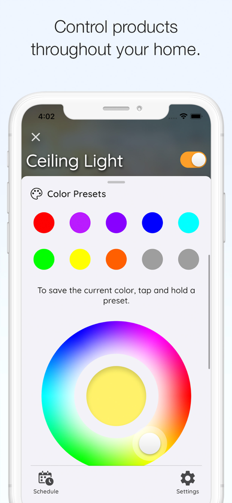 Interface of Hubspace app showing color presets and a color wheel for controlling a smart ceiling light