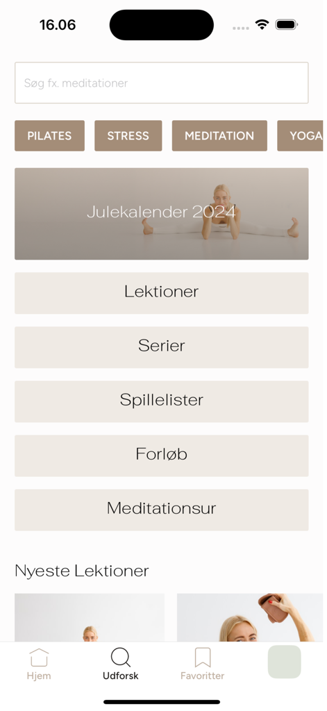 Interface of the Ro Movement app explore screen featuring yoga and pilates categories