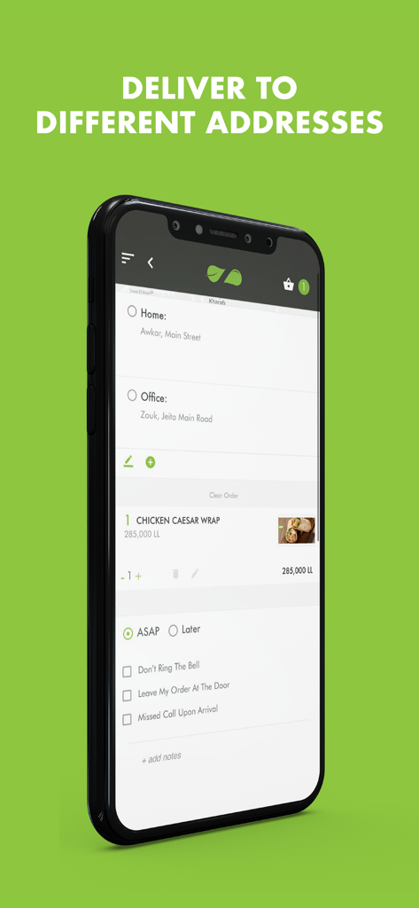 Zaatar w Zeit app interface for selecting multiple delivery addresses and viewing order details like the Chicken Caesar Wrap