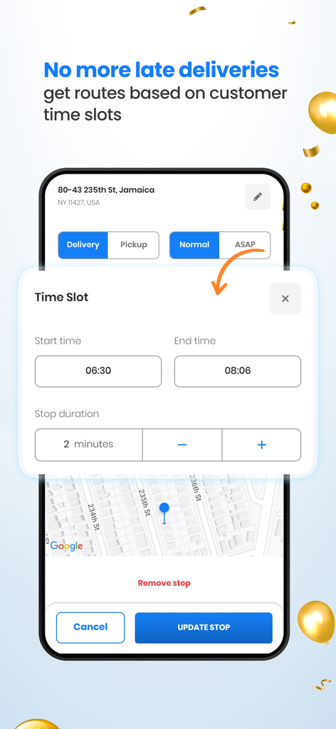 Zeo Route Planner - Zeo Route Planner mobile app interface showing how to set specific customer time slots and stop durations for delivery optimization