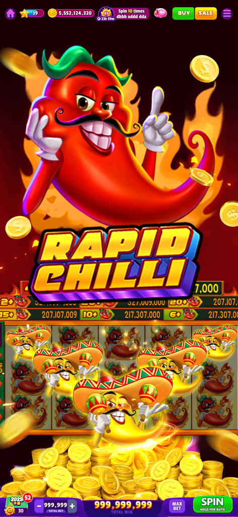 Woohoo Casino mobile game screenshot of the Rapid Chilli slot machine featuring a red chili character and a pile of gold coins
