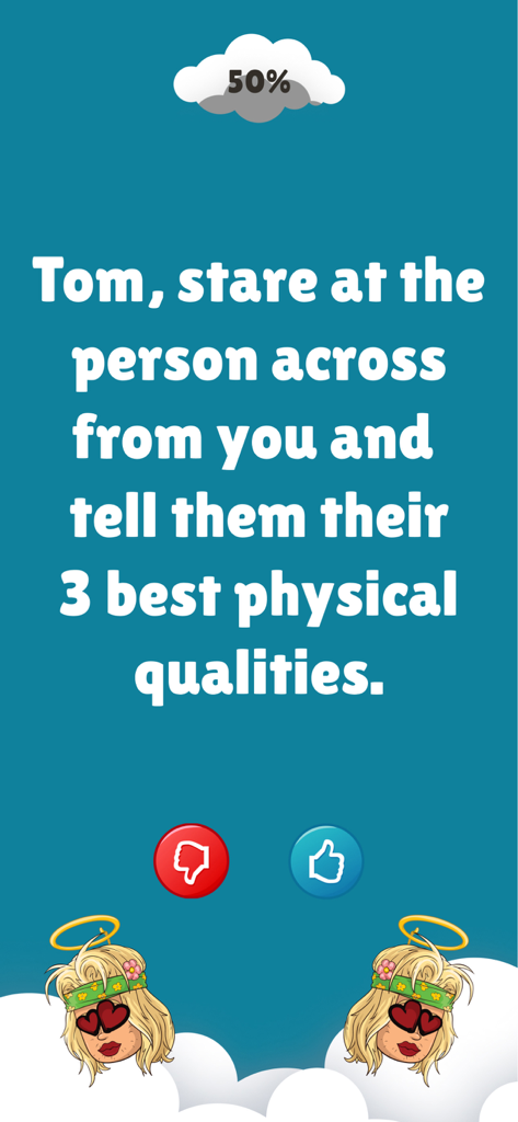 A screenshot of the Truth or Dare app showing a dare prompt about physical qualities with angel character illustrations.