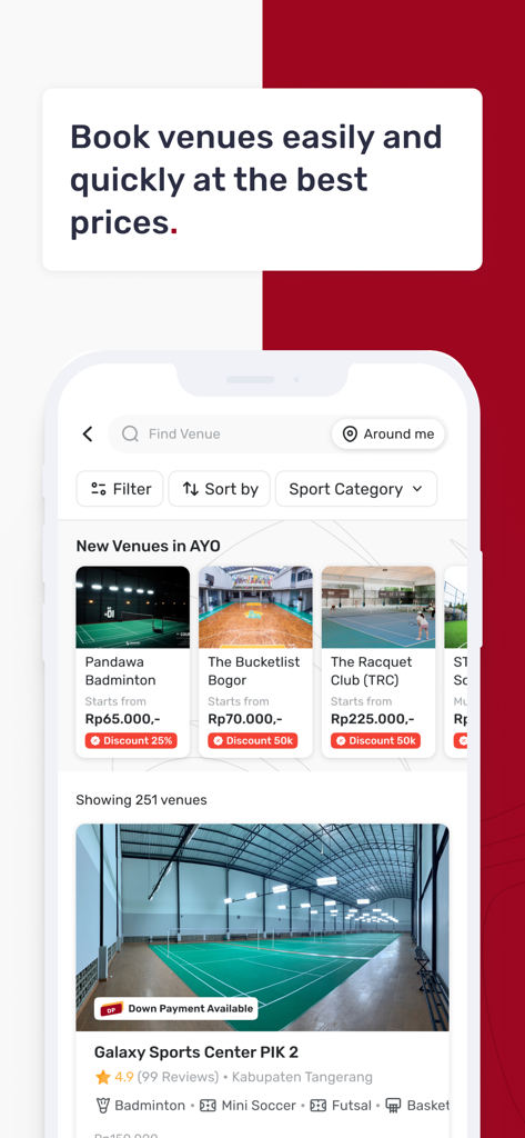 AYO: Super Sport Community App - Interface de l'application AYO pour la réservation d'installations sportives locales comme les terrains de badminton et de football