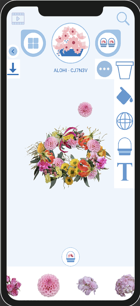 Flower Architect - Flower Architect app interface showing a virtual floral wreath design with interactive arrangement tools