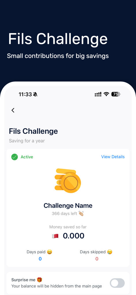 Al Salam Bank Bahrain - Al Salam Bank mobile app Fils Challenge savings tracker screen