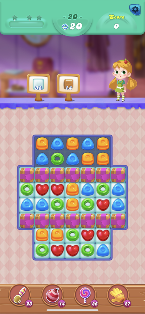 Sweet Candy Mania-Puzzle Games - Gameplay screenshot of Sweet Candy Mania showing a match 3 puzzle board with colorful candy pieces and power up icons