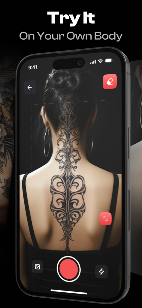 AI-generated tattoo design preview on a woman's back using the Tattoo AI app