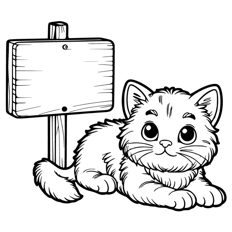 kitten laying down next to a blank sign