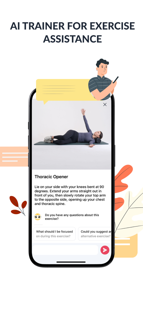 Stretch Reminder AI & Pilates - AI trainer providing guidance and chat assistance for a thoracic opener exercise in the Stretch Reminder app.