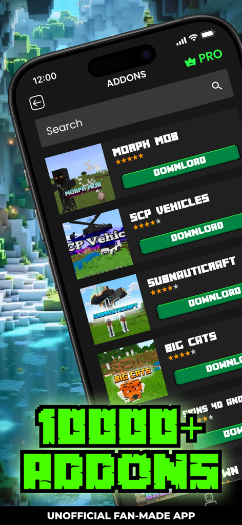 Mobile app screen showing a variety of Minecraft PE addons with download options